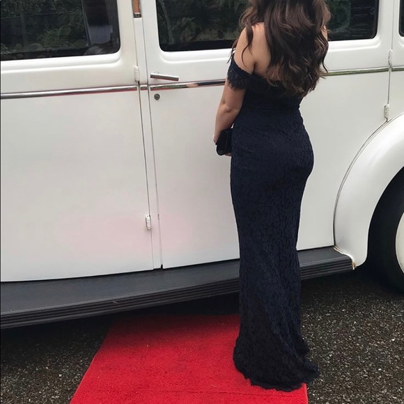 Lulu’s Off-Shoulder Classy Navy Blue Lace Gown - Picture 5 of 5